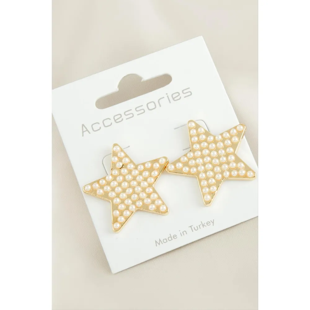 Yıldız Taşlı Yeni Sezon İnci Küpe-Sarı