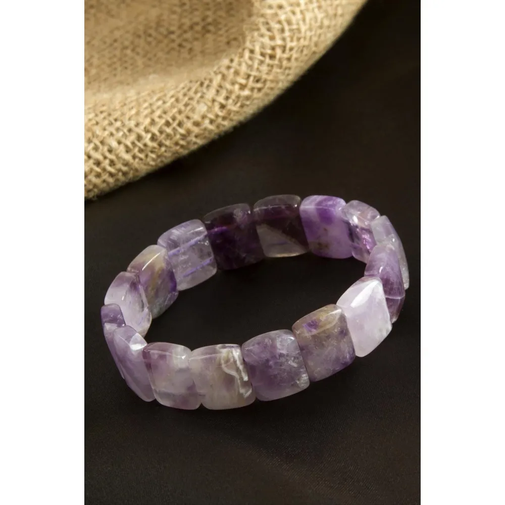Kare Kesim Orjinal Ametist Doğaltaşlı Bileklik-Mor