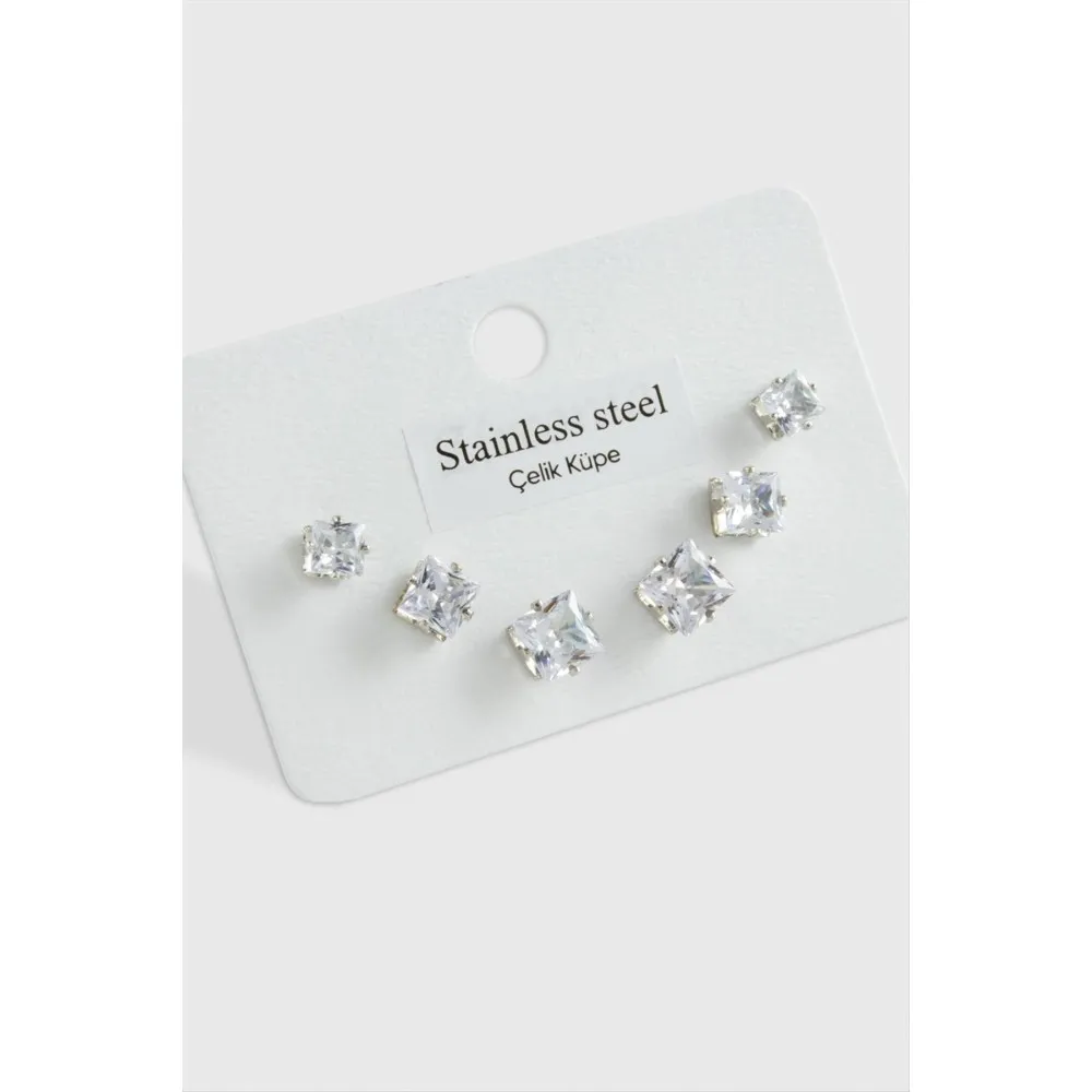 6 Adet Kare Zirkon Tek Taşlı Çelik Küpe  Küçük Kare -Gümüş Rengi