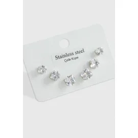 6 Adet Kare Zirkon Tek Taşlı Çelik Küpe  Küçük Kare -Gümüş Rengi