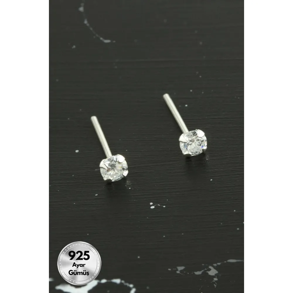 3 Mm Tek Taş 925 Ayar Gümüş Küpe-Gümüş Rengi