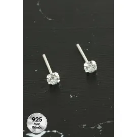 3 Mm Tek Taş 925 Ayar Gümüş Küpe-Gümüş Rengi