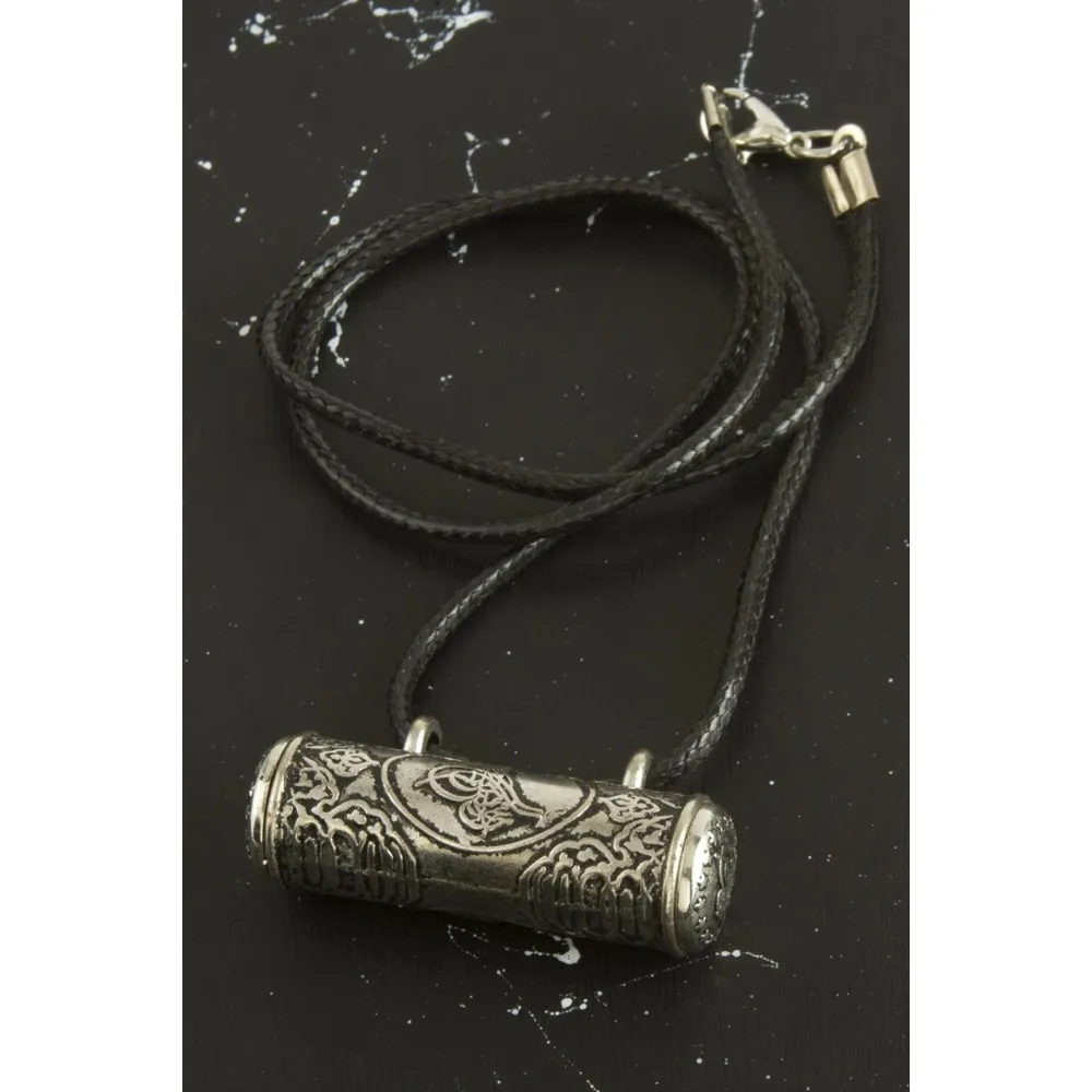 Boru Cevşen Deri Kordonlu Kolye-Gümüş Rengi