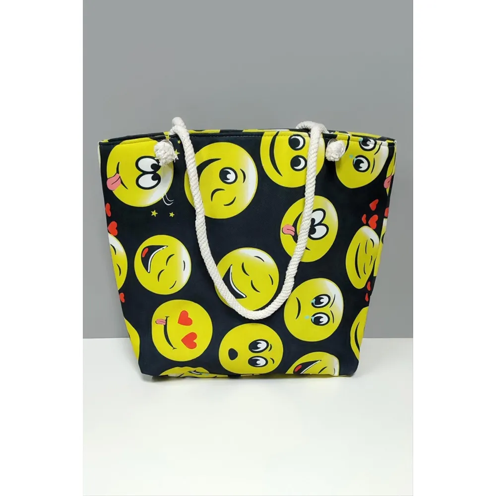 Emoji Desenli Plaj Çantası-Siyah