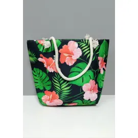 Yaprak Çiçek Desenli Plaj Çantası-Yeşil