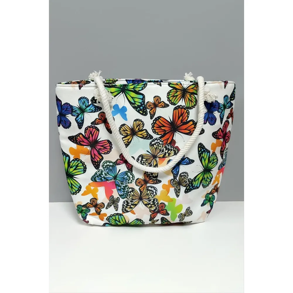Kelebek Desenli Plaj Çantası-Beyaz