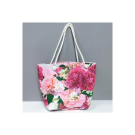 Gül Desenli Plaj Çantası-Pembe