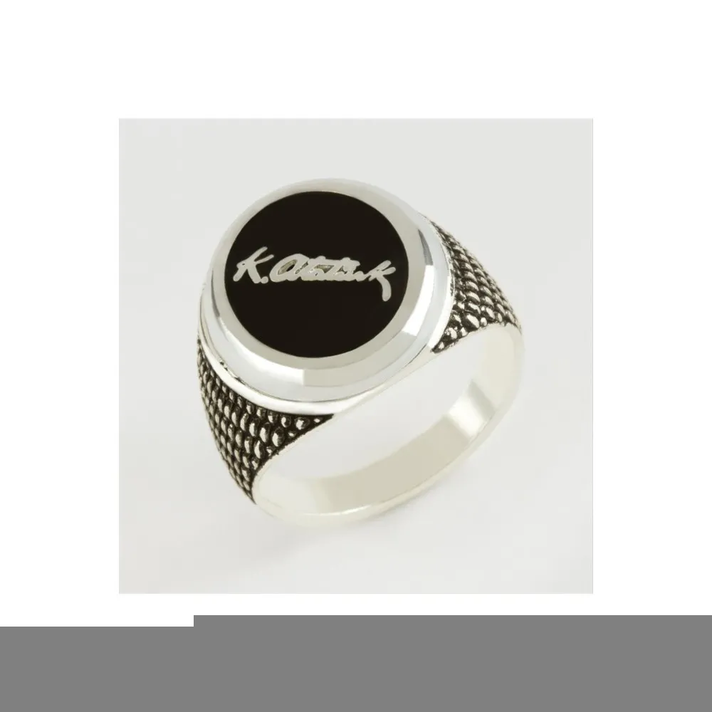 Mustafa Kemal Atatürk İmzalı Metal Erkek Yüzük-Gümüş Rengi