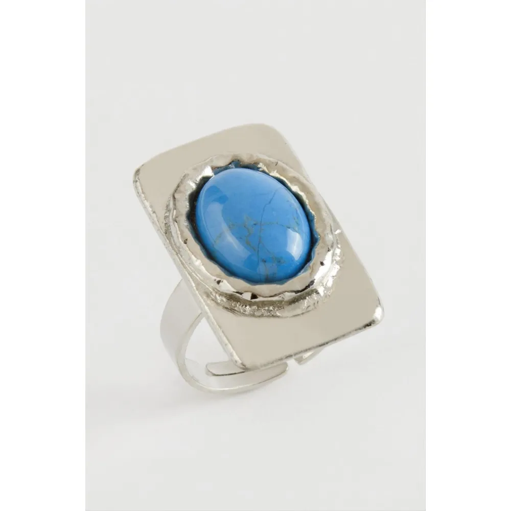 Dikdörtgen Turkuaz Taşlı Yüzük-Gümüş Rengi