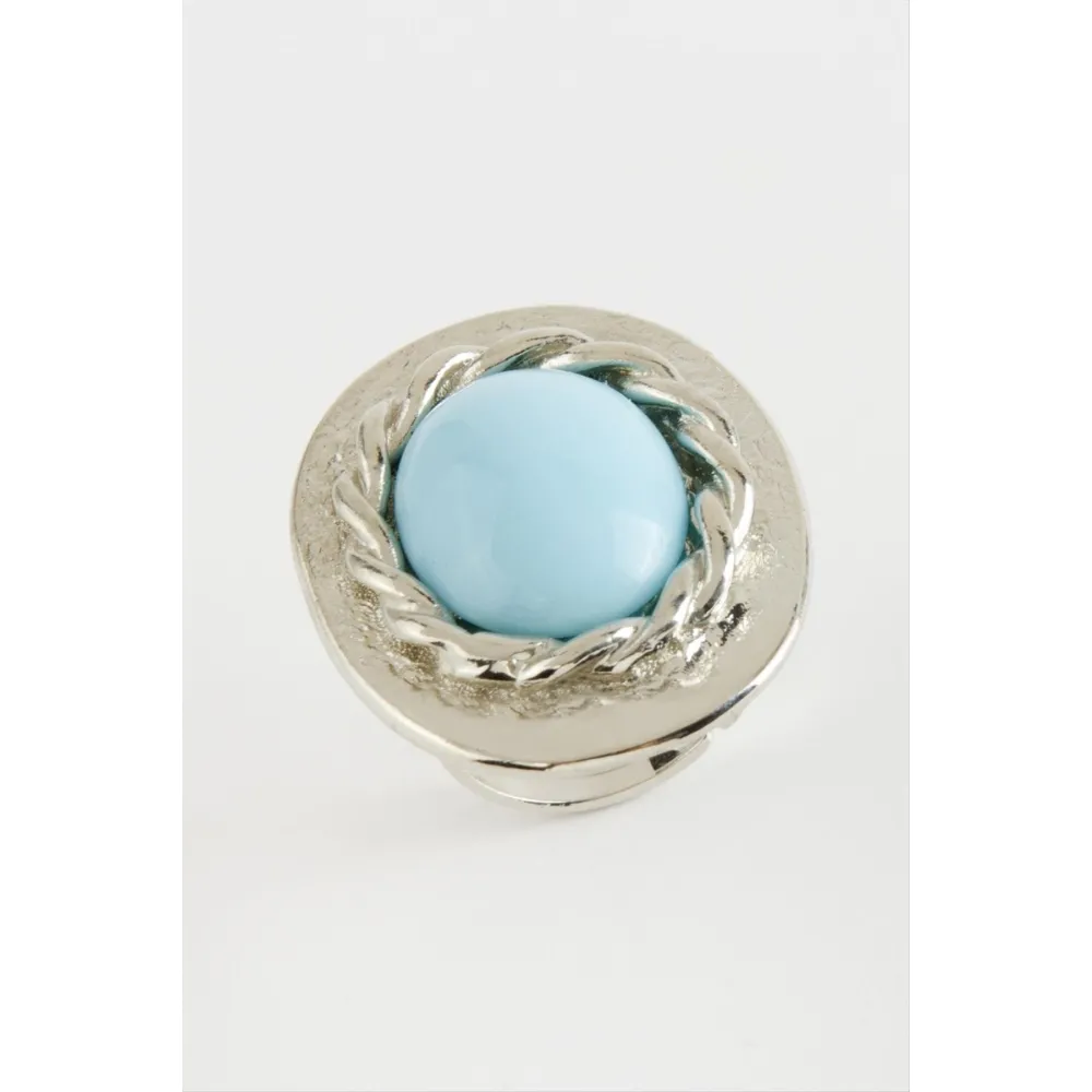 Oval Turkuaz Taşlı Yüzük-Gümüş Rengi