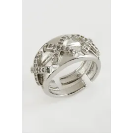 Çarpı Taşlı Metal Yüzük-Gümüş Rengi