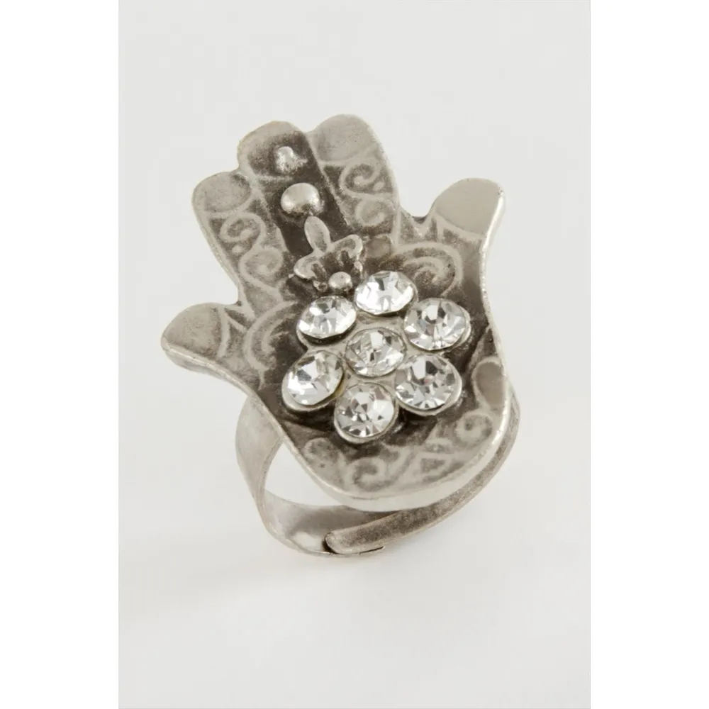 Ftma Ana Eli Osmanlı İşlemeli Taşlı Metal Yüzük-Gümüş Rengi