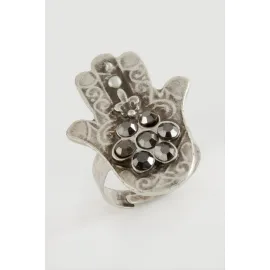 Ftma Ana Eli Osmanlı İşlemeli Taşlı Metal Yüzük-Antrasit