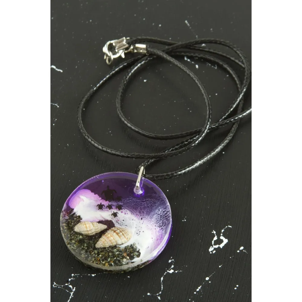 Kaplumbağa Deniz Efektli Epoksi Kolye-Mor