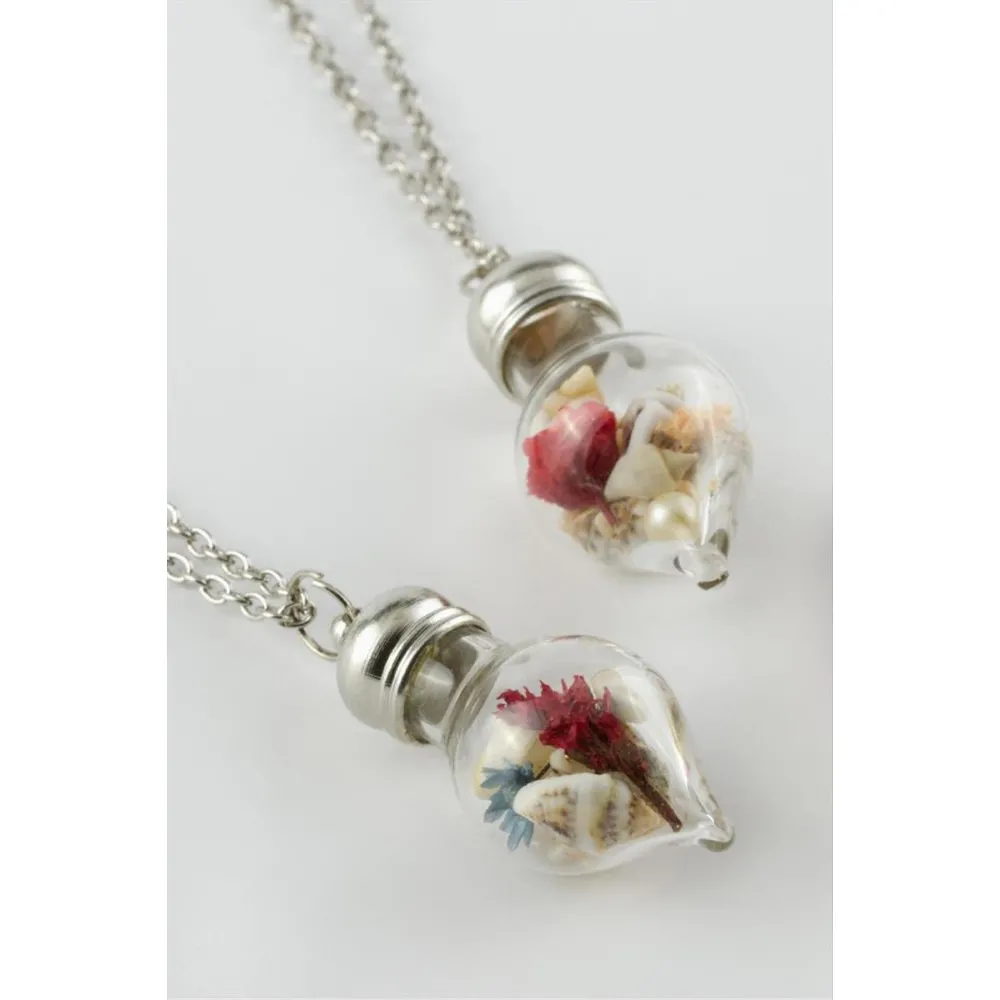 Çiçek Fanus Canlı Kolye-Gümüş Rengi