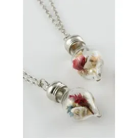 Çiçek Fanus Canlı Kolye-Gümüş Rengi