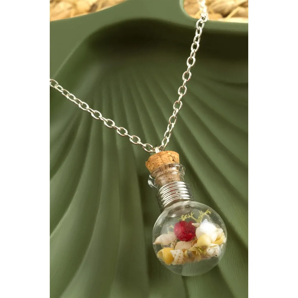 Mantar Tıpalı Fanus Canlı Kolye-Gümüş Rengi