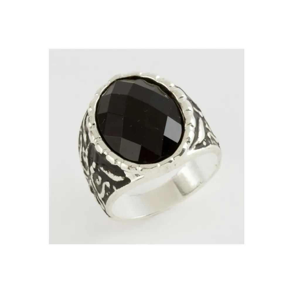 Kristal Taşlı Metal Erkek Yüzük-Siyah