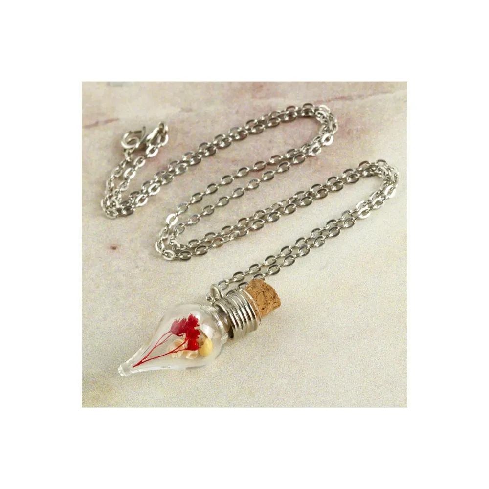 Çiçek Fanus Canlı Kolye-Gümüş Rengi