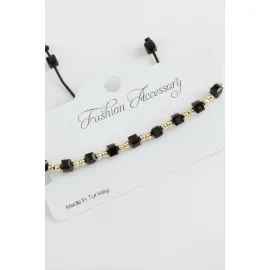 Küp Top Metal Kristal Bileklik-Siyah