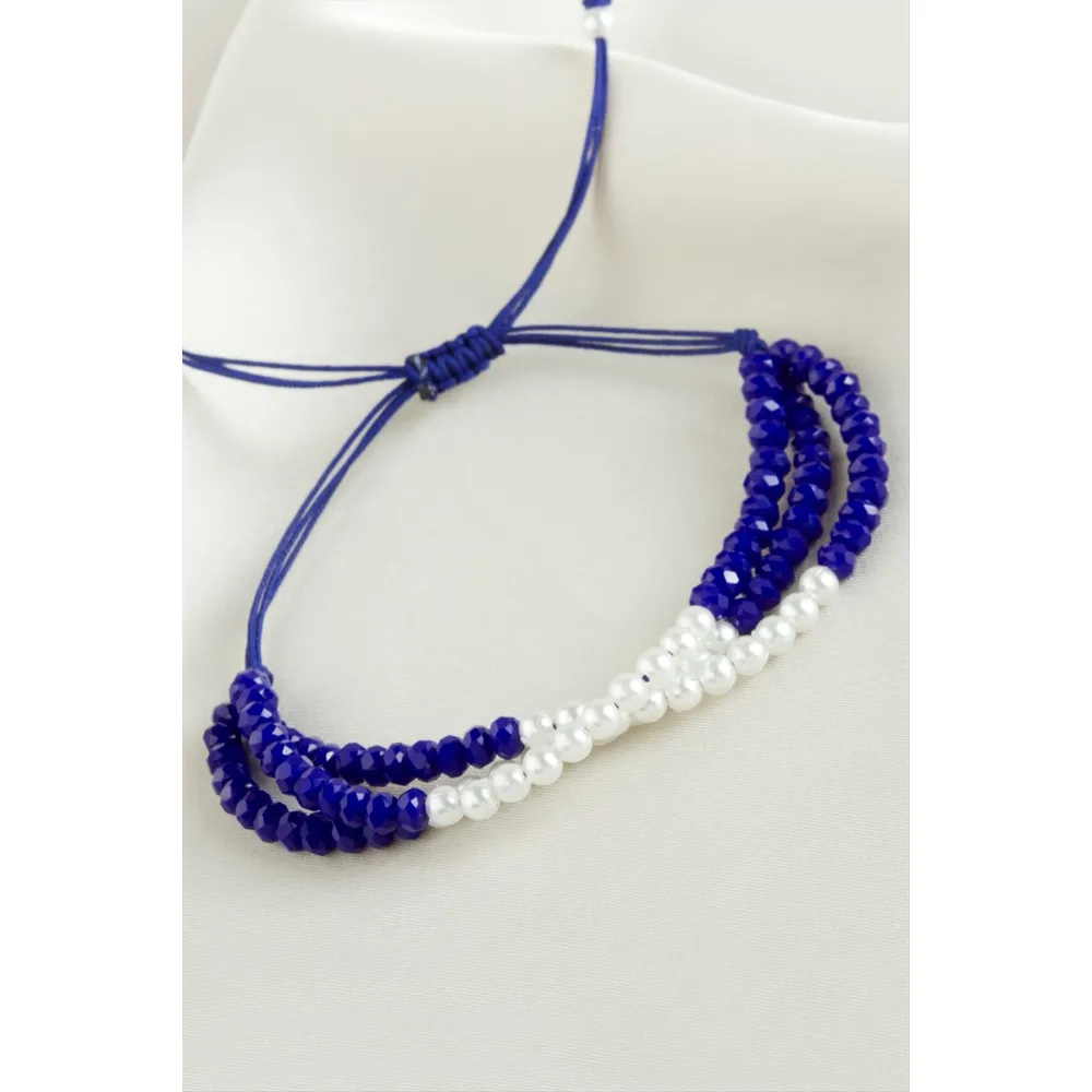 İncili Üçlü Kristal Bileklik-Mavi