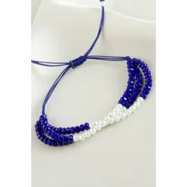 İncili Üçlü Kristal Bileklik-Mavi