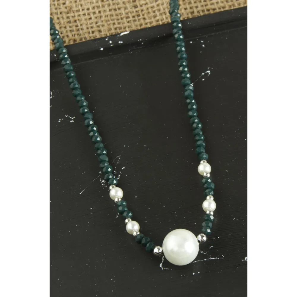 İnci Kristal Kolye-Asker Yeşili