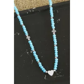 Kalp Metal Aparatlı Kristal Kolye-Mavi