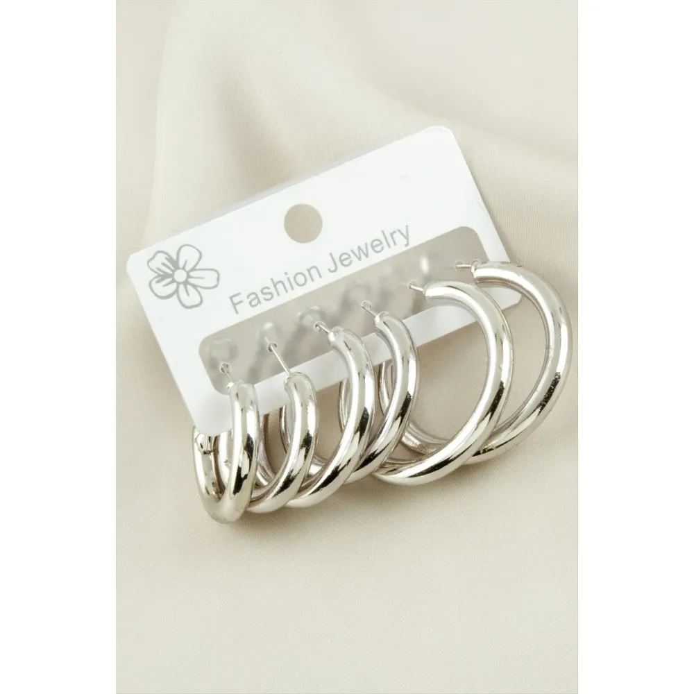 6 Adet Kalın Boru Halka Küpe 2-2,5-3 Cm-Gümüş Rengi