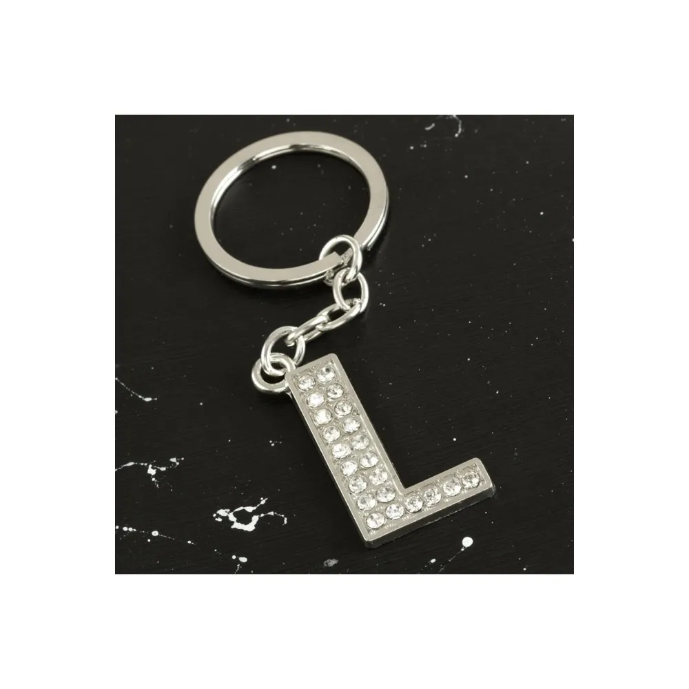 L Harfli Taşlı Anahtarlık-Gümüş Rengi