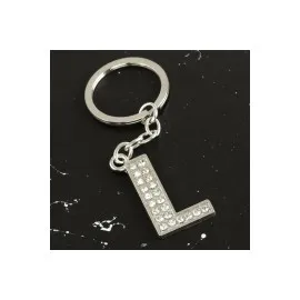 L Harfli Taşlı Anahtarlık-Gümüş Rengi
