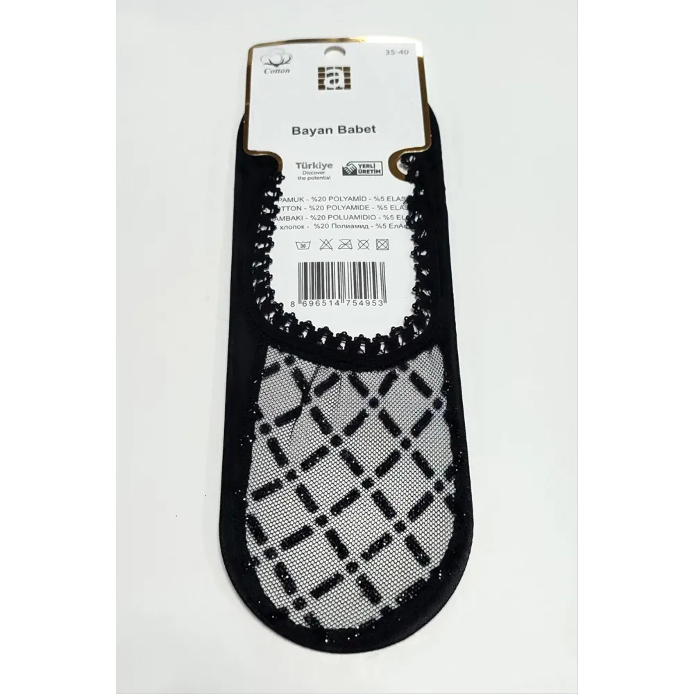 Çarpı Dantel Babet Çorap-Siyah