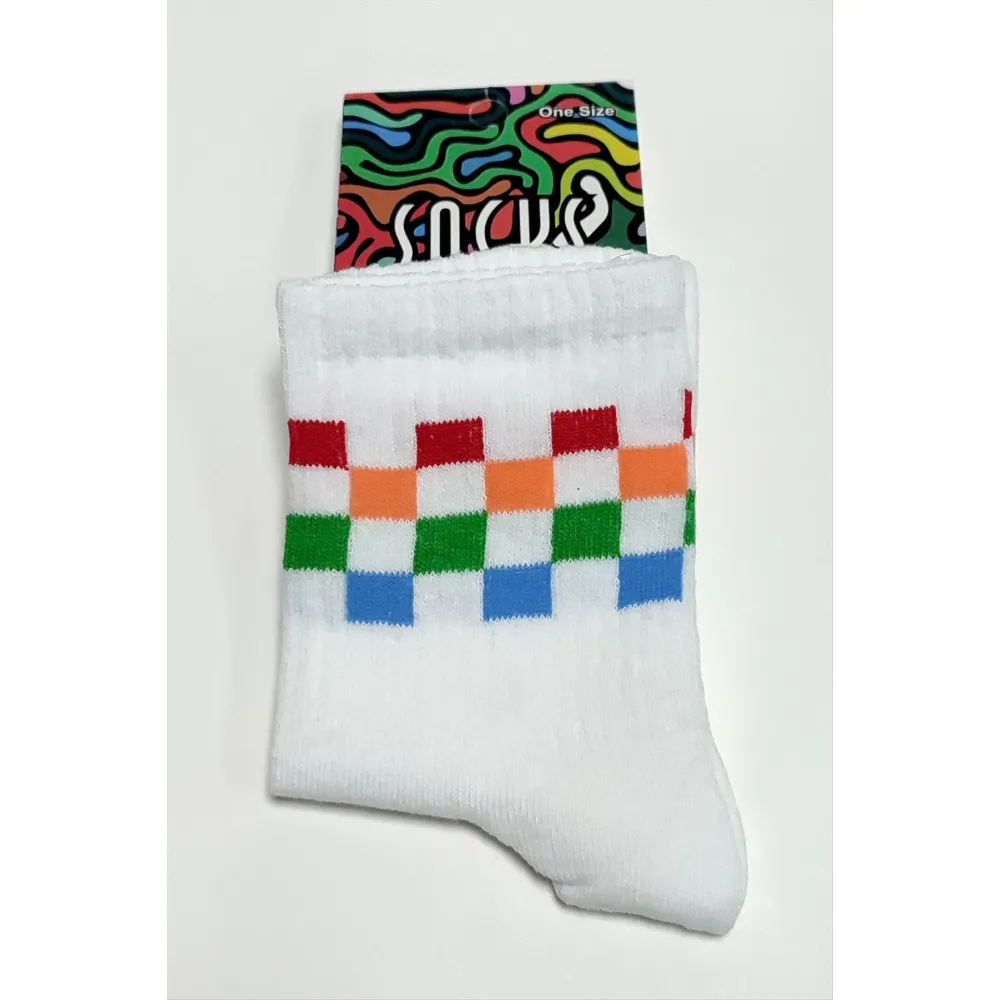 Renkli Küp Desenli Kolej Çorap 8X28-Beyaz