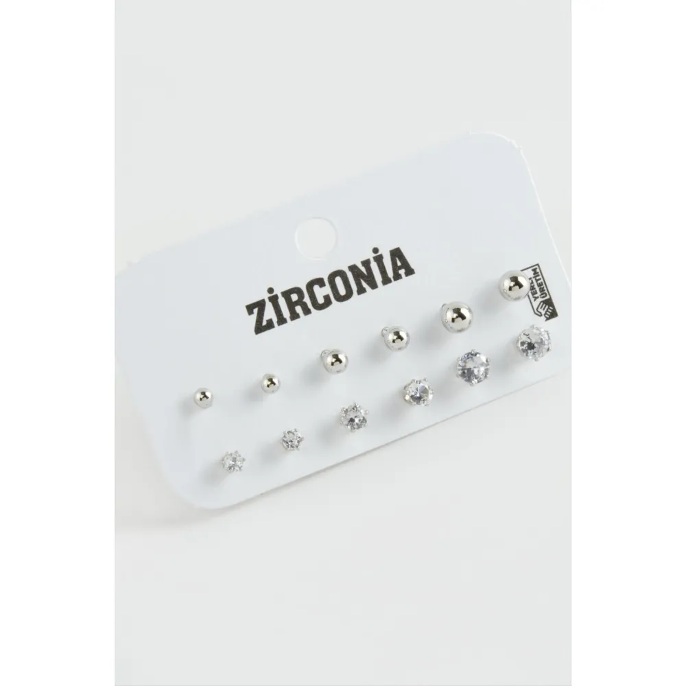 12 Adet Zirkon Tek Taşlı Küpe-Gümüş Rengi