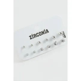 12 Adet Zirkon Tek Taşlı Küpe-Gümüş Rengi