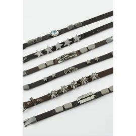 Karışık Metal Aparatlı Deri Bileklik-Renkli