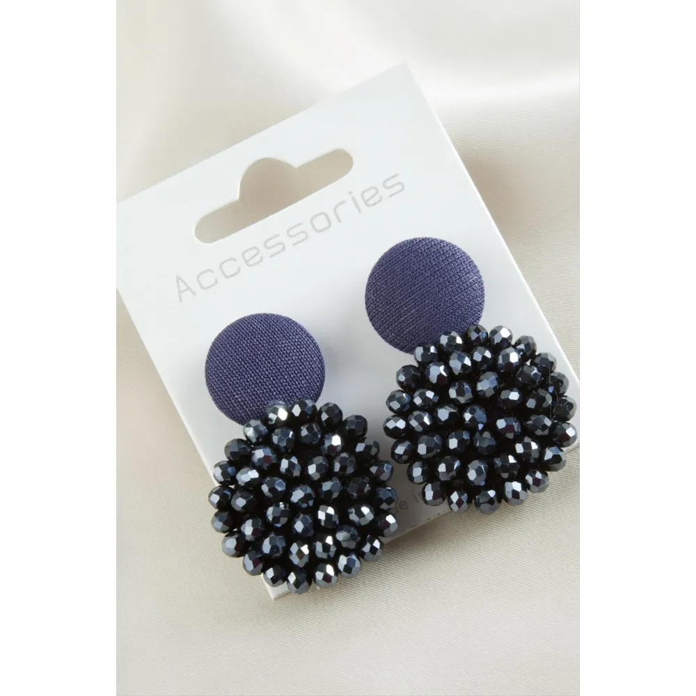 Düğme Kristal Küpe-Lacivert