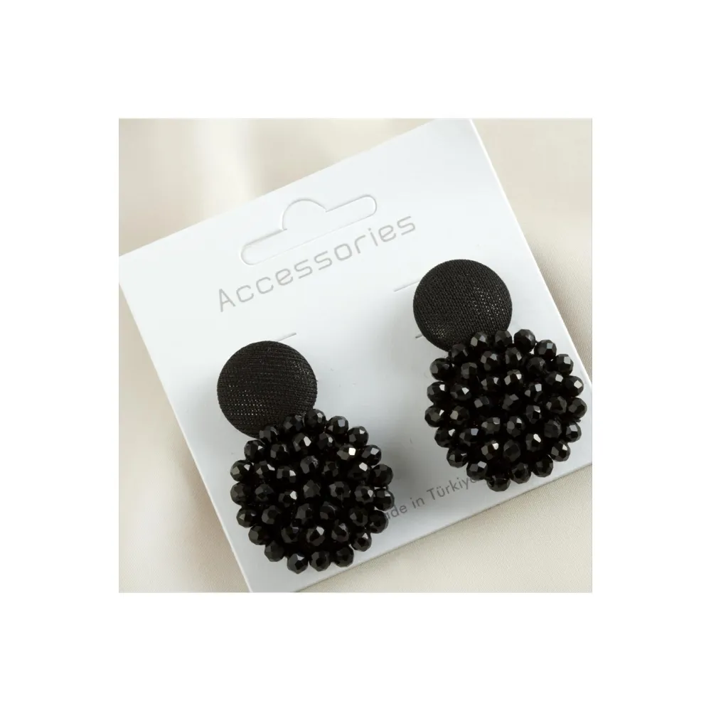 Düğme Kristal Küpe-Siyah