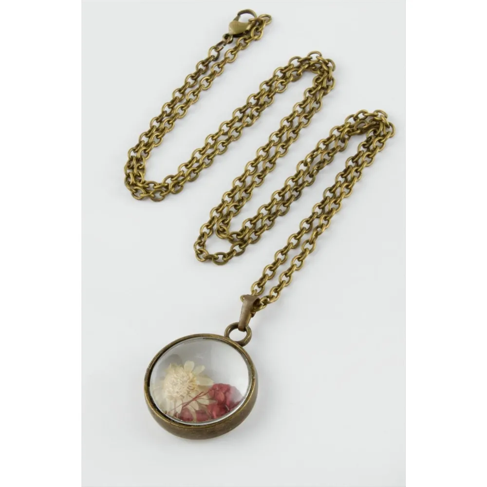 Karışık Renkli Çiçek Canlı Kolye-Antik