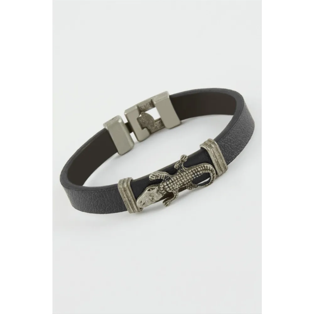 Timsah Suni Deri Bileklik-Siyah