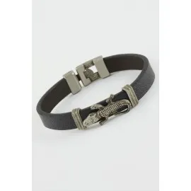 Timsah Suni Deri Bileklik-Siyah