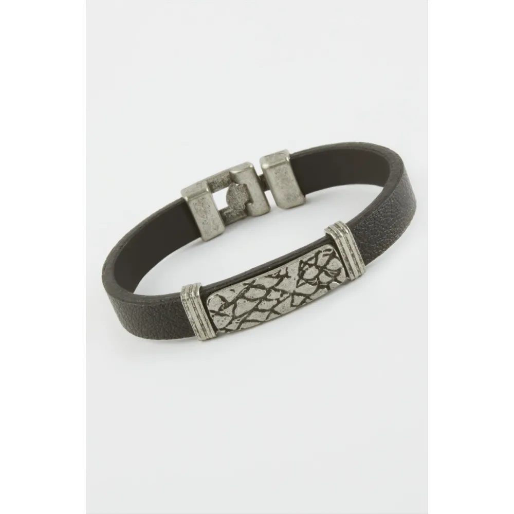 Zemin Desenli Suni Deri Bileklik-Siyah
