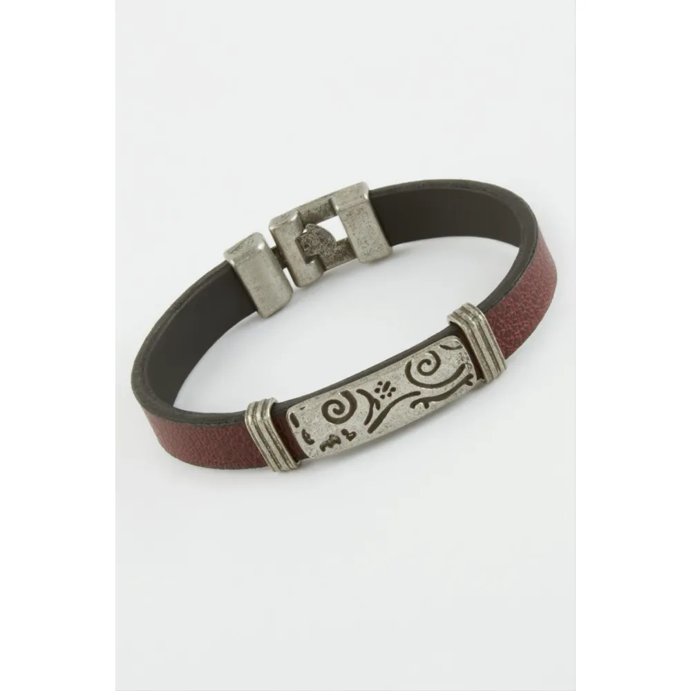Çini Desenli Suni Deri Bileklik-Bordo