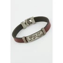 Çini Desenli Suni Deri Bileklik-Bordo