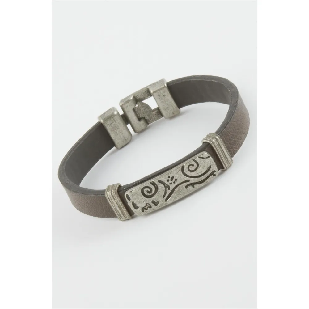 Çini Desenli Suni Deri Bileklik-Kahverengi