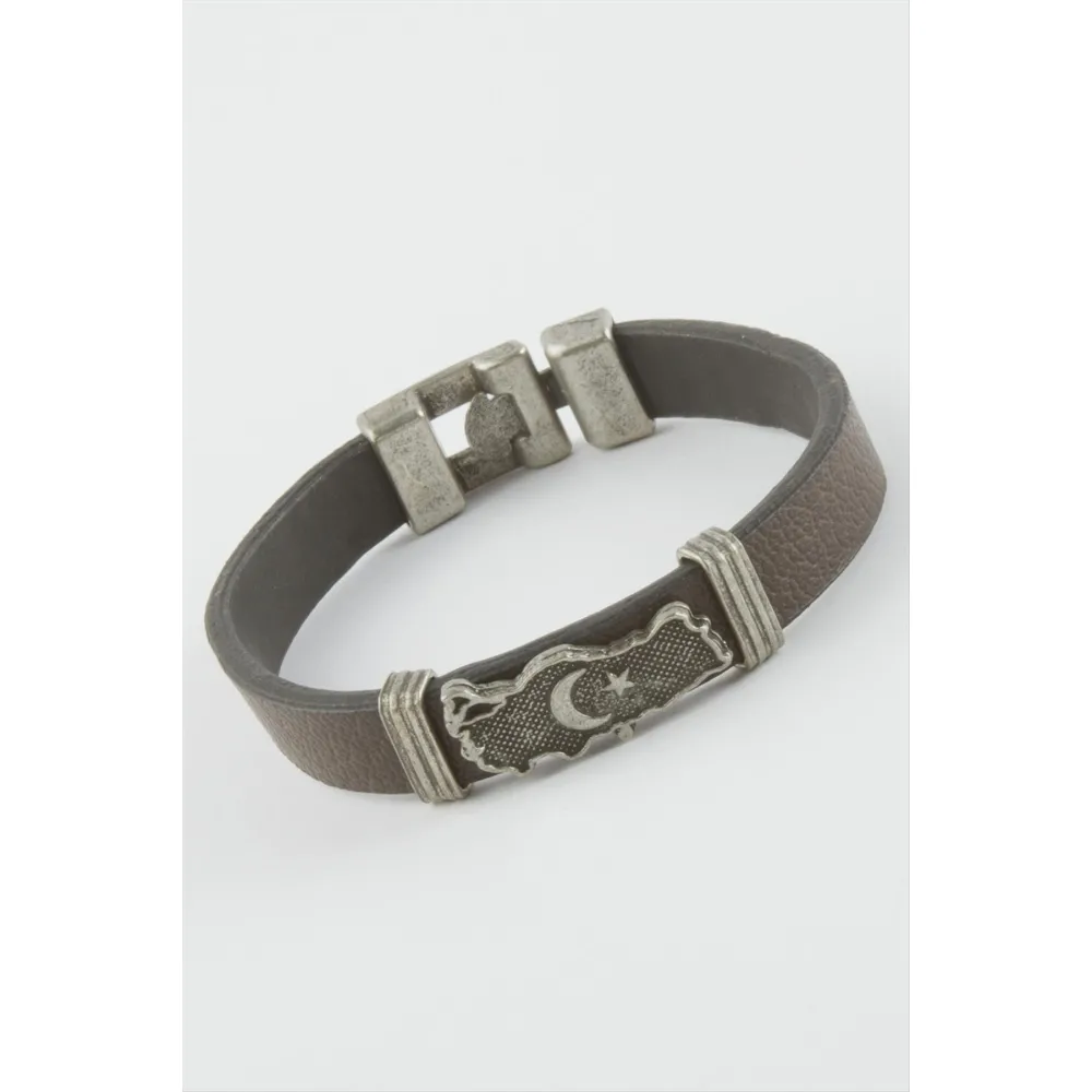Ay Yıldız Suni Deri Bileklik-Kahverengi