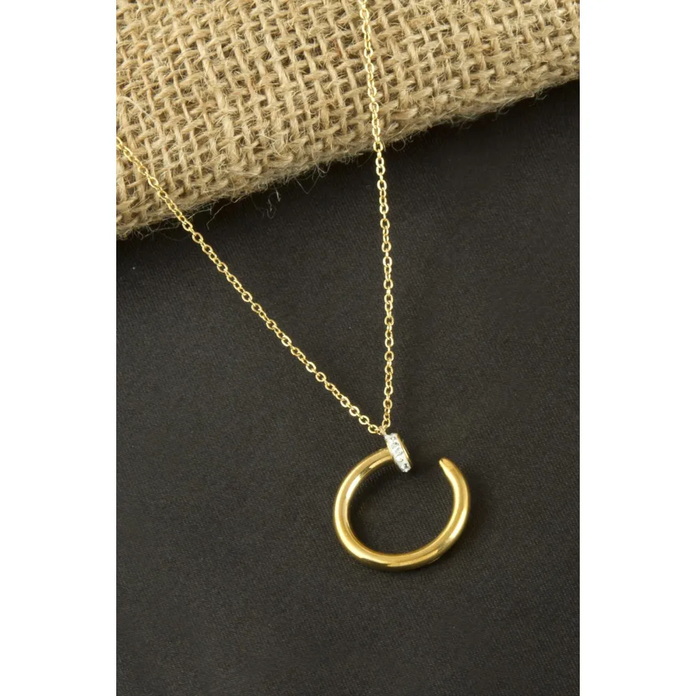 Çivi Zirkon Taşlı Lüks Çelik Kolye-Sarı