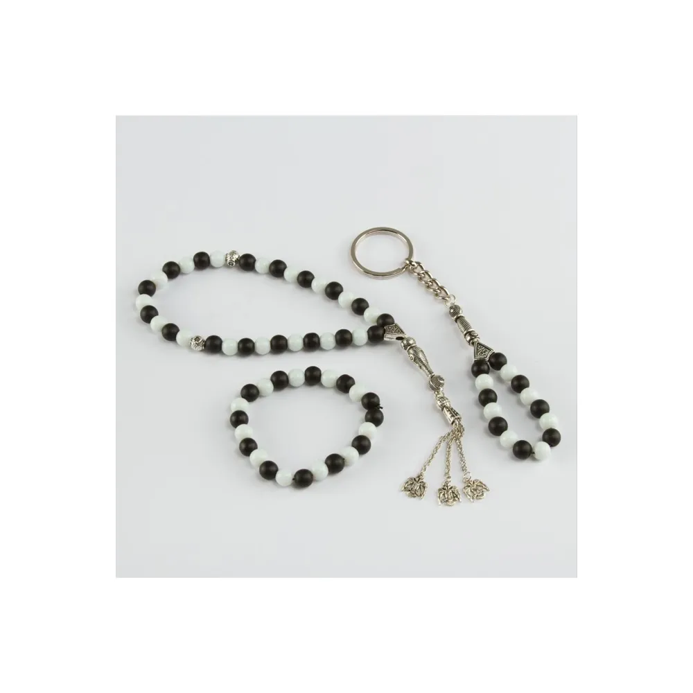 3' lü Doğal Taş Set Anahtarlık,Bileklik,Tesbih-Beyaz