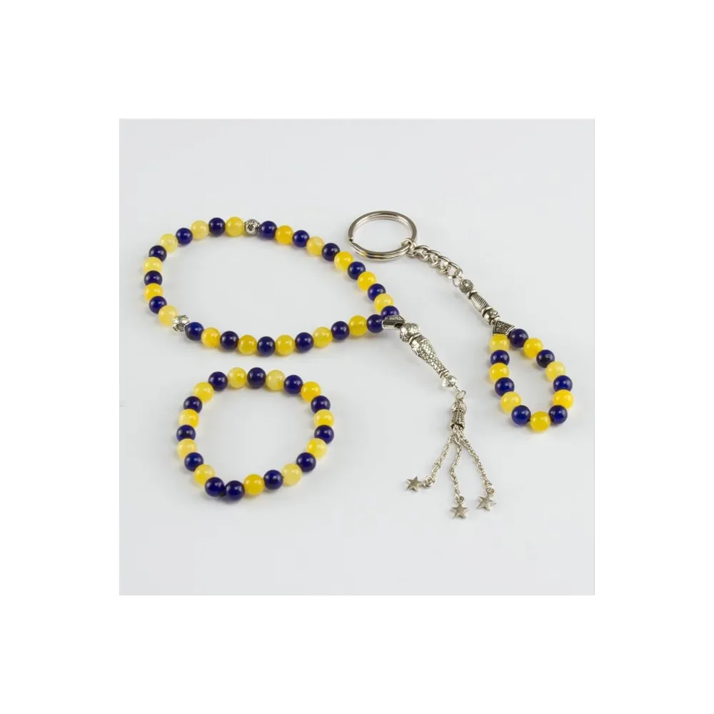 3' lü Doğal Taş Set Anahtarlık,Bileklik,Tesbih-Sarı