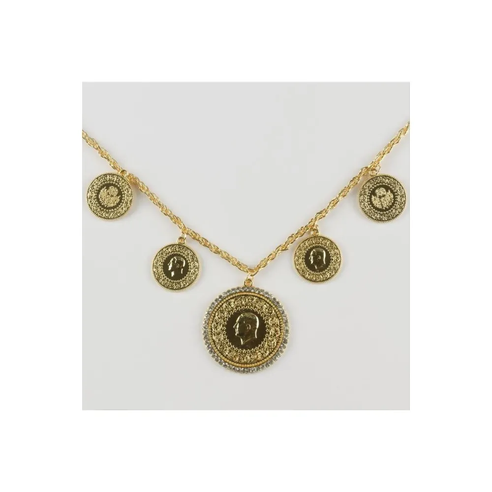 Taşlı Beşi Bir Yerde Altın Kaplama Kolye-Sarı